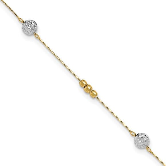 14k Yellow Gold Two-tone Beads 9in Plus 1in ext. Anklet